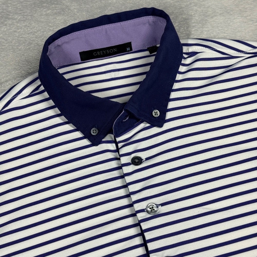 Greyson Polo Shirt Mens Medium Blue White Striped Short Sleeve Golf Button Down
